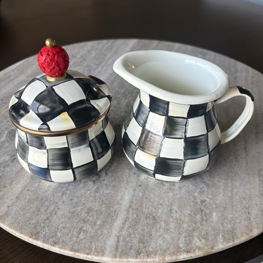 Mackenzie Childs Courtly Check Lidded Sugar Bowl & Creamer Set